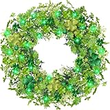 Thick & Timer - St Patricks Day Decorations, 18 Inch St Patricks Day Shamrock Wreaths for Front Door with 20 Green Lights Glitter Clover Berries Spring Wreath Irish St. Patrick's Day Door Decorations