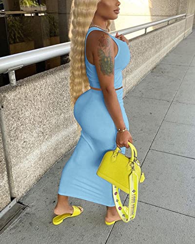 Image of Women Sexy Two Piece Skirt Outfits Long Sleeve /Sleeveless V Neck Bodycon Ribbed Knitted Maxi Club Party Dress