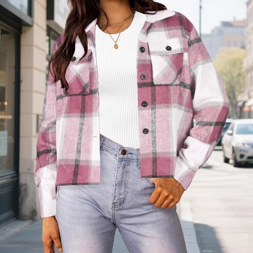 Cropped Shacket for Women Casual Long Sleeve Plaid Shirts Jacket Fashion Button Down Cropped Shacket Jackets4