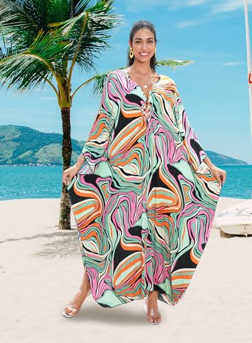 Image of Yanziliu Kaftan Dress for Women,Plus Size Hawaiian Batwing Sleeve Beach Cover Up Summer Swimsuit Dresses
