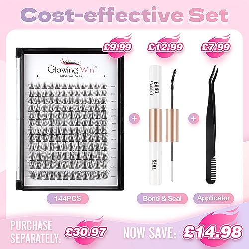 Glowing Win Cluster Lashes Kit DIY Eyelash Extensions Kit with Lash Bond&Seal and Applicator Individual Lashes Set 144PCS Wispy Lash Extensions Reusable C D durl Natural Eye Lashes Mix 8-16mm - Image 2