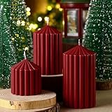 Conelist Set of 3 Ribbed Pillar Candles Soy Wax Scented Ribbed Candles Includes 2.8, 4.2 and 5.1 Inches Heights Romantic Decoration for Home Birthday Gift(Dark Red)
