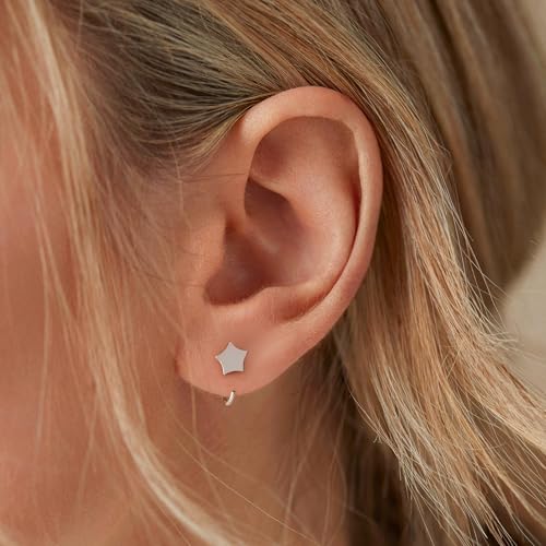Image of CHIC & ARTSY 925 Sterling Silver Half Hoop Earrings for Women, Small Huggie Hoops Set with Ball Bar Star Moon Cross & Pearl, Lightweight Comfort Fit Everyday & Sleep Earrings