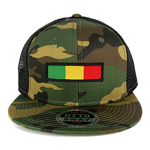 Rasta Green Yellow Red Embroidered Iron on Patch Camo Flat Bill Snapback Mesh Cap - Black