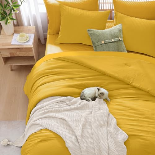 Image of Queen Comforter Set-7 Pieces Soft Prewashed Bed in a Bag Queen Bedding Sets | All Season Comforter with Sheets, Pillow Shams & Pillowcases,Yellow