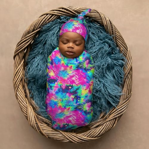 Image of Tie Dye Neon Colorful Newborn Swaddle Blankets Hat Sets Soft Baby Receiving Blanket Swaddle Sack for Baby Shower Infant Boy Girl Gift