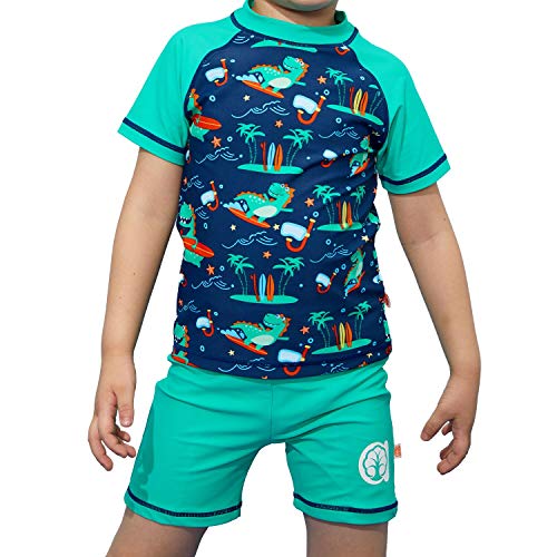 Boys Rash Guard Swimsuits Toddler Baby Short Sleeve Sunsuit Swimwear Sets Two Piece (Green Surfing Dinosaur, (110))