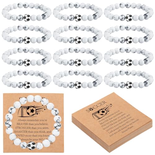 Ecation 12 Sets Sport Bracelets Lave Stone Beaded Elastic Stretch Bracelets with Inspirational Card Bulk Team for Football Volleyball Golf Baseball Basketball Soccer(White Soccer)