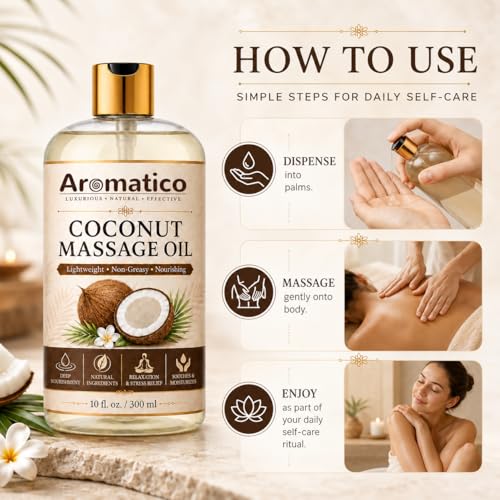 Image of AROMATICO Coconut Massage Oil for Body Massage, Lightweight Moisturizing Body Oil, Spa Massage Oil for Dry Skin, Relaxing Routine and Daily Body Care - 300ml
