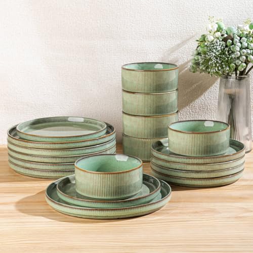 GBHOME 12-Piece Stoneware Dinnerware Set for 4 &ndash; Ribbed Ceramic Plates and Bowls...