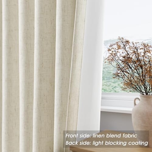 Image of Warm Beige 100% Blackout Linen Curtains for Bedroom 120 Inches Long Back Tab Thermal Insulated Modern Farmhouse Decor Black Out Curtain for Living Room Floor to Ceiling High Window 52x120, 2 Panels