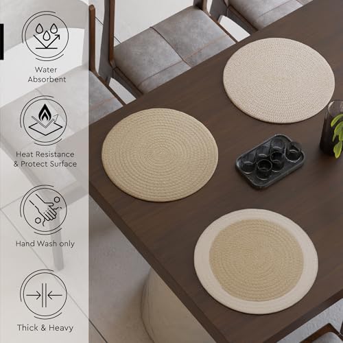 Image of Dining Table Mats Set of 6 | Cotton Table Mat 32 cm Diameter, Encasa XO Washable Round Table Mats, Heat Resistance Dining Table Placemats, Handmade Ribbed Style for Centre Table, Beige Mix Combo