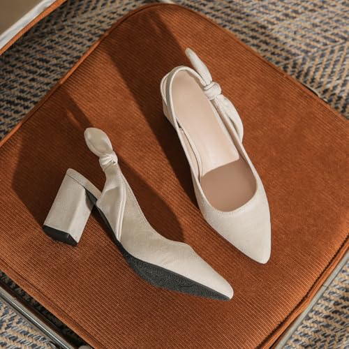 Women's Suede Bowknot Slingback Pumps Fashion Closed Pointed Toe Slip On Chunky Block Heeled Sandals Comfort Wedding Party Dress Shoes4