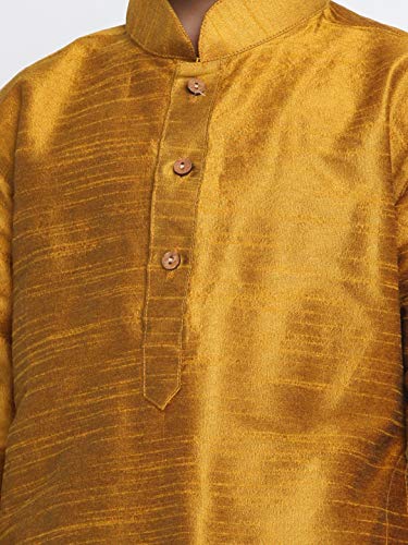 Image of VASTRAMAY Boys' Mustard Silk Blend Kurta Pyjama Set with Muslim Prayer Cap & Full-Length Slip-On Pyjama with Elastic Waistband - Ethnic Wear for Eid