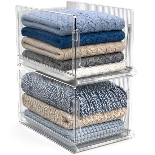 Sorbus Stackable Storage Bins 2 Pack – Extra Large Clear Closet Organizers and Storage, Foldable Shelf Organizer Baskets for Clothes, Towels, Garage Shelving