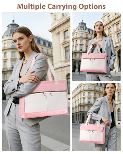 Bnlcd Lunch Tote Bag for Women - 15.6 Inch Laptop Work Bag with Insulated Lunch Compartment - Large Capacity Quilted Computer Handbag - Leakproof Lunch Box for Women dults, Pink-white - image 6