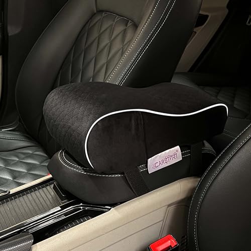 Image of Carigiri ComfiRest Car Armrest Cushion| Memory Foam Arm Cushion| Universal for All Cars| Armrest Support Extender| Height Armrest Pad(White Seam,Breathable Velvet,Dual Mobile Pocket)