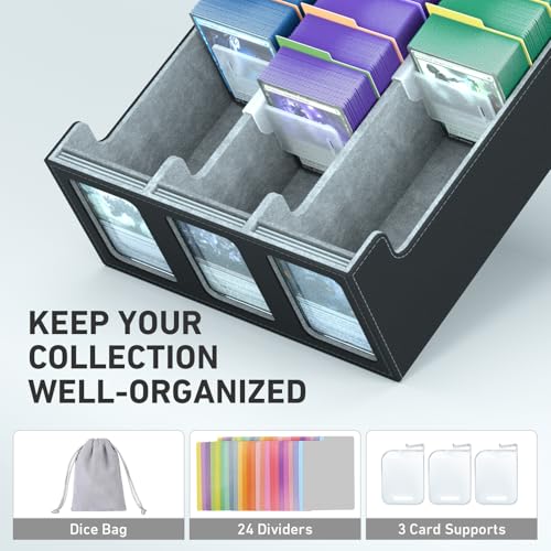 Image of 3-Row Trading Card Storage Box, Bulk Cards Case for 2400+ Mtg tcg Magic Playing Game Card Organizer, Commander Deck Box with 3 Supports & 24 Dividers
