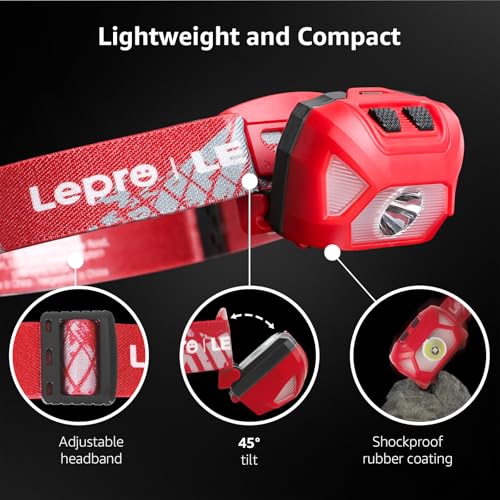 Image of Lepro 320015 Battery Powered Headlamp - 1300Lux Super Bright LED Head Lamp with Red Light, IPX4 Waterproof Headlights for Outdoor Camping, Hiking, Hunting, Power Outages, Emergency, Hurricane - Red