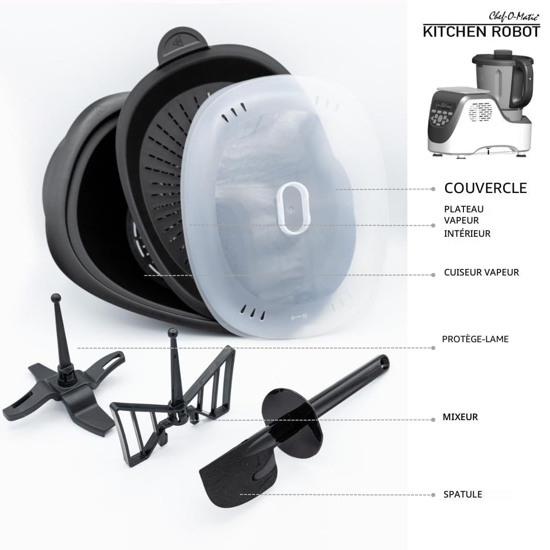 Robot de cuisine Chef O Matic Kitchen Robot, 1000 W, 3 L, 3 500 tr/min, plusieurs accessoires, 10 vitesses, robot multifonction, Écran tactile LED