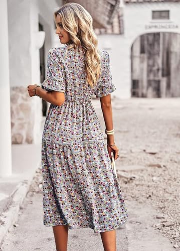 Summer Floral Long Sleeved Casual Bohemian V-Neck Short Sleeved Flowing Beach Long Sun Skirt4