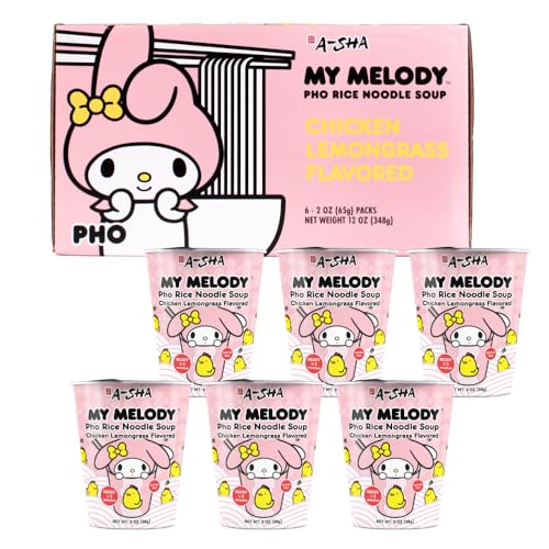 A-SHA My Melody Pho Cup Rice Noodle (6 Cups), Chicken Lemongrass Flavor, Vegetarian, Gluten-Free, Premium Microwavable Rice Noodle Soup, No MSG, Authentic Flavor