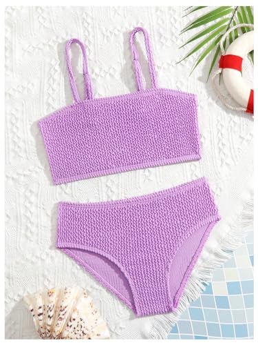 Image of WDIRARA Girl's Smocked Bikini Set Spaghetti Strap Swimsuit Two Piece Bathing Suit Purple 4Y