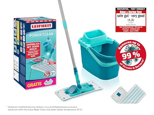 Leifheit Set Power CLEAN, rückenschonender Bodenwischer mit Reinigungsklingen und Wischtuchpresse, Wischmopp Set mit Eimer und 2X Mikrofaser Wischbezüge für alle Hartböden, Click-System – Bild 3