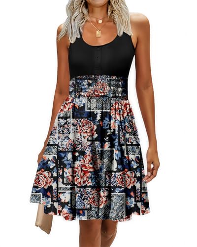 Image of Summer Dresses for Women Casual Sleeveless Sundresses Elastic Waist Mini Sun Dress