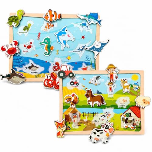 Puzzle magnétique en Bois Montessori 2-en-1 avec Tableau de Dessin pour Enfants, thèmes Ferme et océan, Jouet éducatif avec feutres, activité de...