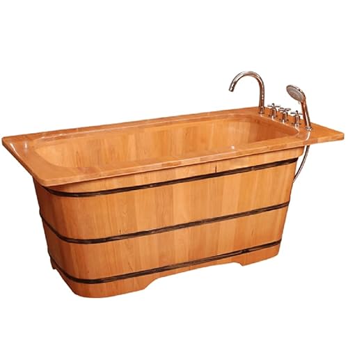 Handmade Cedar Wooden Soaking Tub with Removable Backrest, Triple-Thick Rim and Seamless Finish – Home Spa Bath Barrel (wooden color, 51 in)