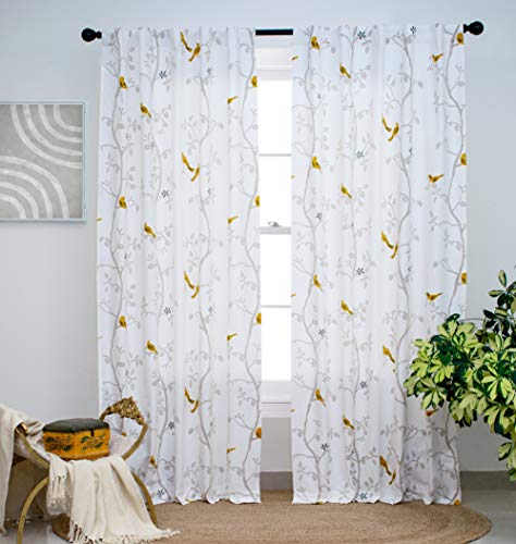 Image of Tranquebar Curtain Co. Window Curtains 6 Feet, 60-65% Room Darkening, Yellow Bird Print, Cotton Curtains for Window, Cotton Curtains 6 Feet Long Set of 2, BackTab Loops, Yori (183 cm) - Set of 2