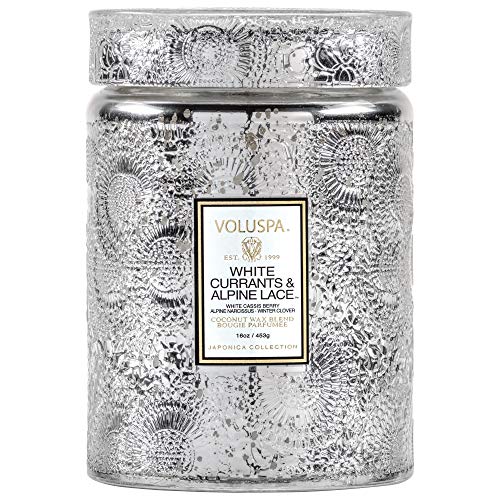 Voluspa White Currants and Alpine Lace Candle | Large Jar Embossed Glass with Glass Lid | 18 Oz. | Holiday Scent | Coconut Wax and Natural Wicks for a Cleaner Burn