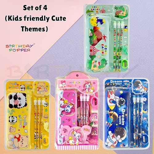 Image of Birthday Popper 4-in-1 Cartoon Themed Stationery Set for Kids - Set of 4 as Birthday Return Gifts, Study, Writing & Drawing - Type-4