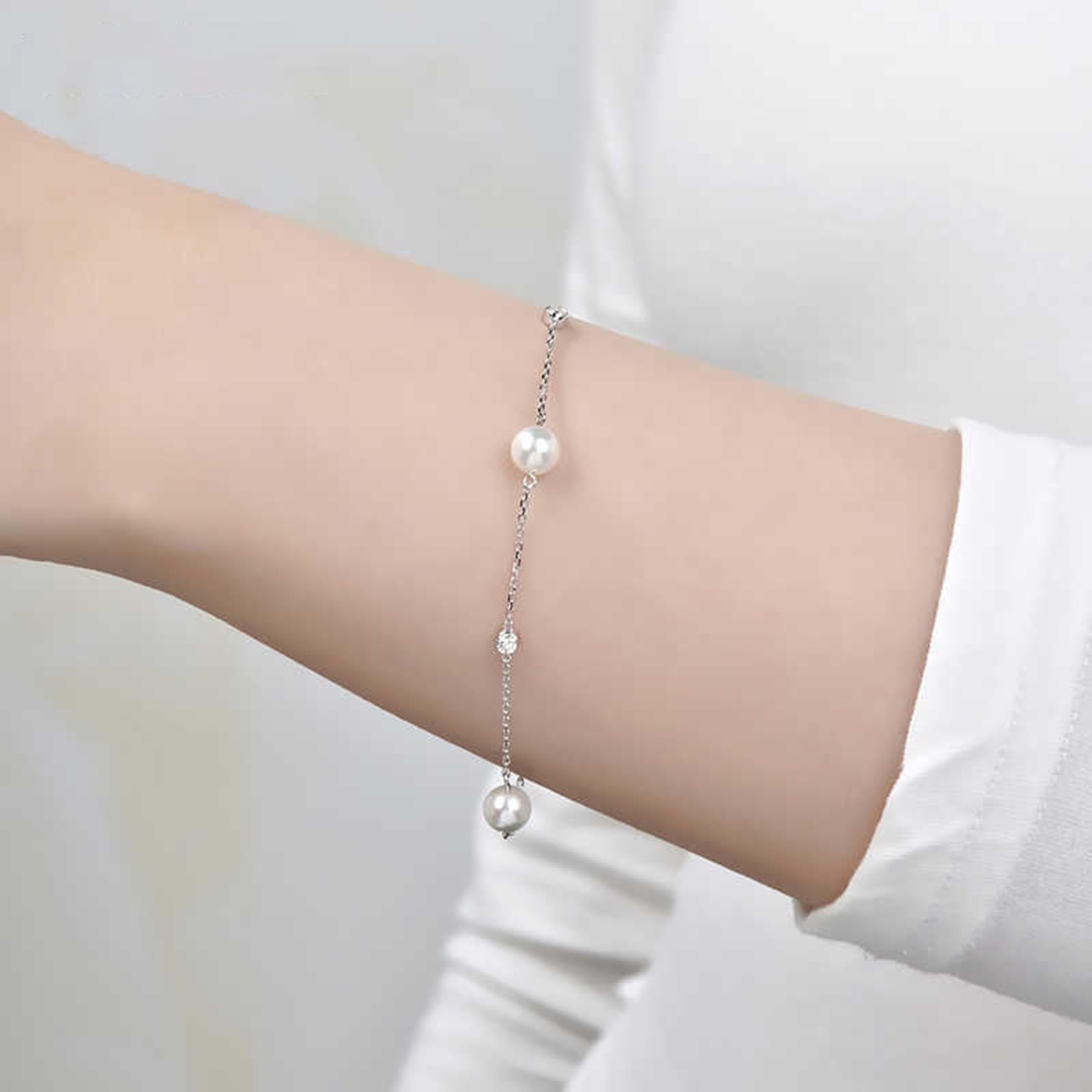 Armbänder 9K/14K/18K Weißgold Echte Goldschmuck, Weiß Perle 5.5-6mm Armreifen Rundschliff, Moissanit Armreif Damen 18/14/ 9 Karat Gold