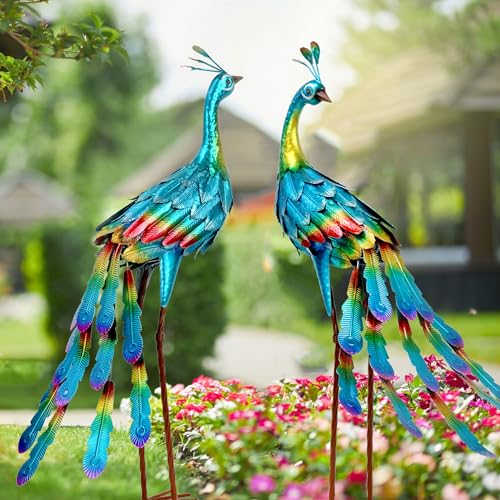 Ratuor Peacock Statue Garden Decor Metal Peacock Yard Art Decorations Outdoor Sculpture Patio Lawn Ornament,Set of 2