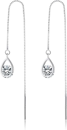 Reffeer Solid 925 Sterling Silver CZ Droplet Chain Dangle Earrings for Women Teen Girls Tassel Dangle Earrings Threader