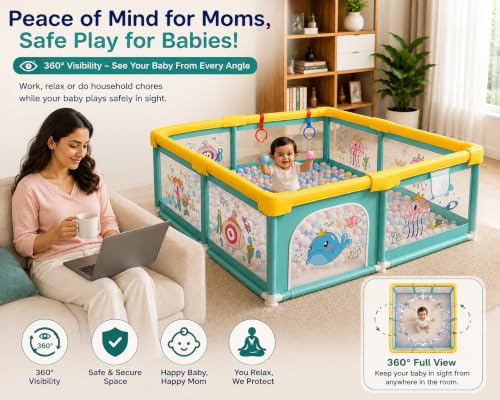 Image of MONSTECH Large Baby Playpen 150x180cm Pit Balls Playpen for Baby up to 5 Years with Anti-Fall Rings, Safety Lock, Breathable Mesh, Kids Activity Center Play Pen (Large-Green)