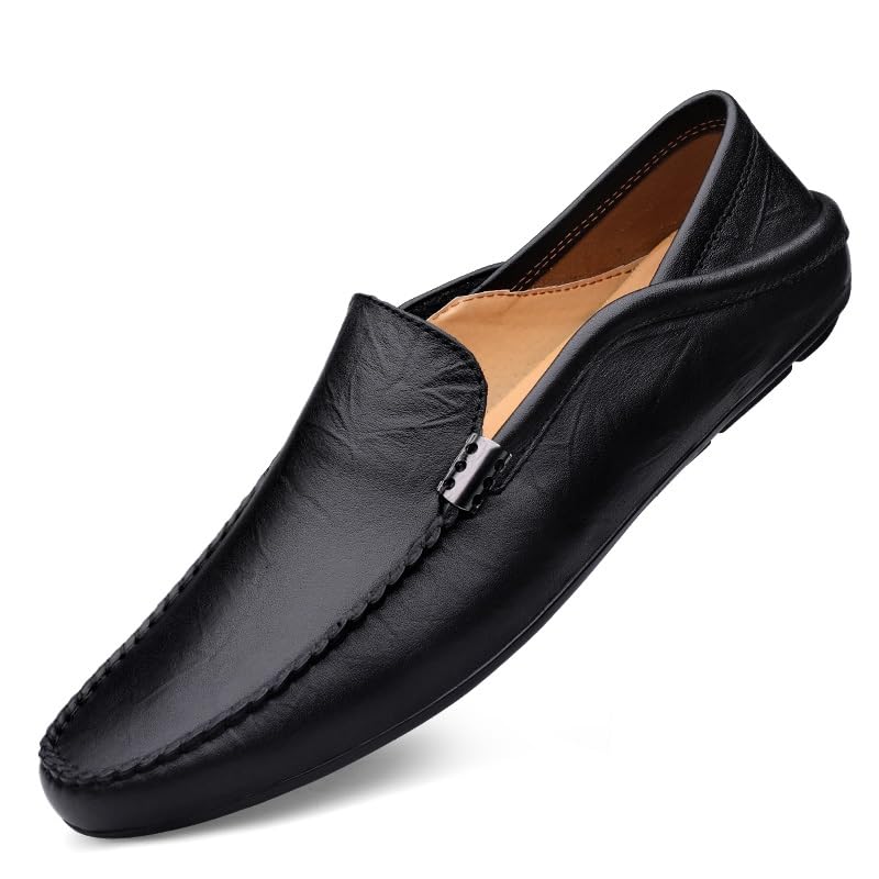 Mens Loafers Round Toe Leather Loafer Shoes Resistant Flat Heel Flexible Casual Slip On