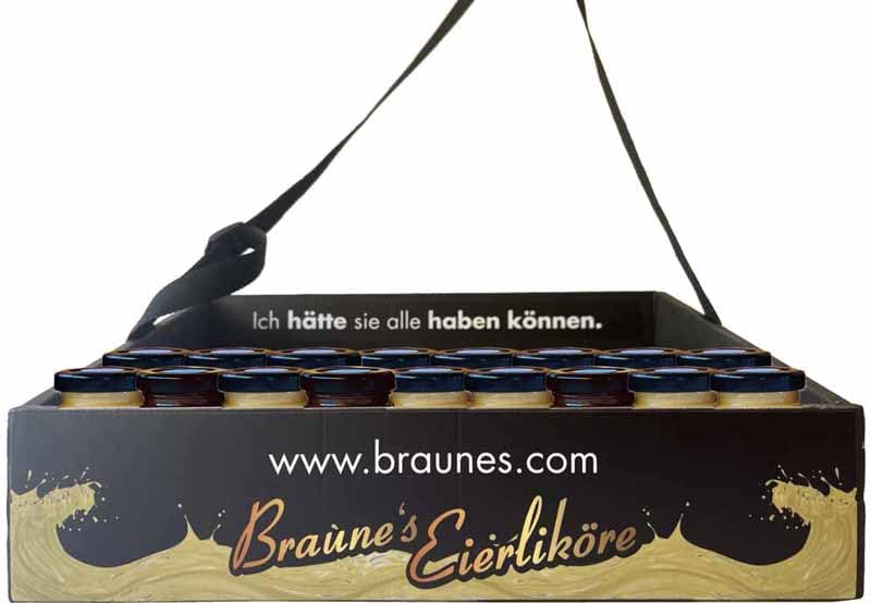 Hochwertiger Bauchladen mit Braune’s Eierlikör – 54 Gläschen à 25 ml (14% vol.) – Verschiedene Sorten – Perfekt für JGA, Junggesellen- & Junggesellinnenabschied - Der Knaller