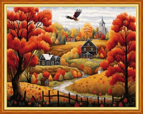 Image of Findvoor Stamped Cross Stitch Kits for Beginner Embroidery Kits for Beginners Adults DIY 11CT Cross Stitch Patterns Needlepoint Kits Crossstitching Kits-Golden Autumn Home 16x20 inch