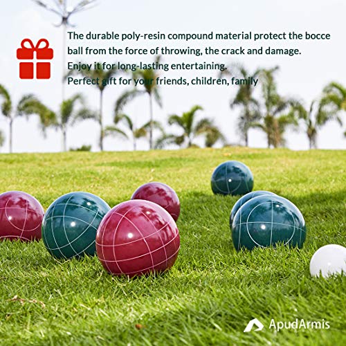 ApudArmis Bocce Balls Set, Regulation Size 100mm Bocce Game for Outdoor/Backyard/Lawn/Beach with 8 PCS 100% Resin Balls / 1 Pallino/Nylon Carrying Case/Measuring Rope (Red & Green)