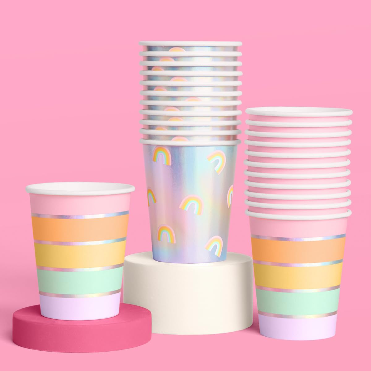 xo Fetti Iridescent Rainbow Paper Cups - 12 oz 24 pcs Pastel Party Drinkware Cute Dinner Party Setting