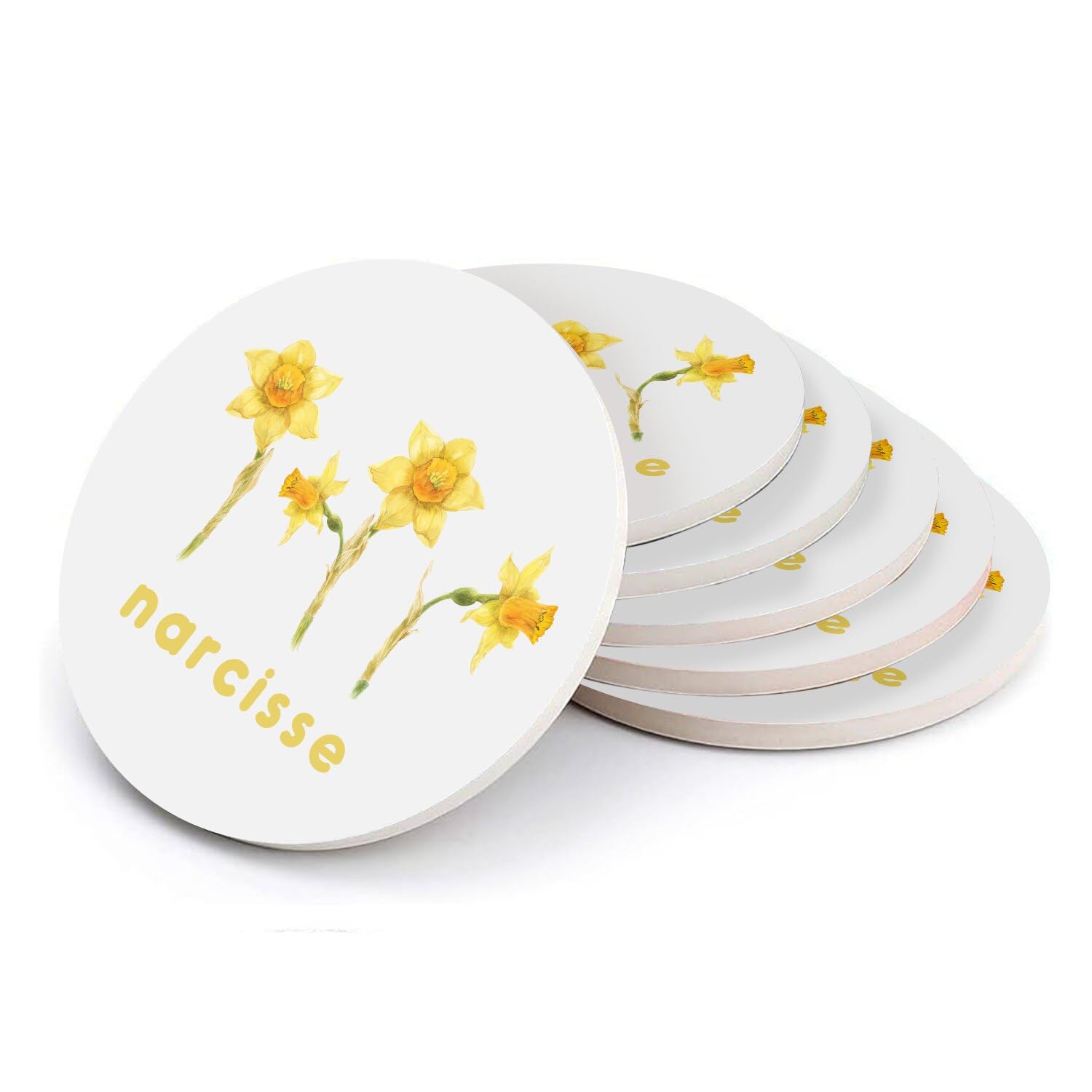 Sous-verre ronds en céramique motif fleur de narcisse pour apéritif chic au jardin
