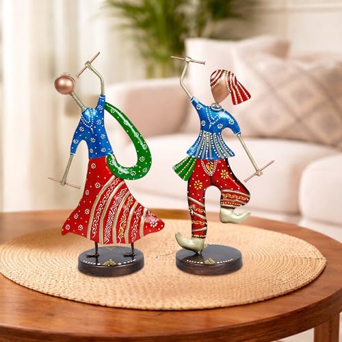 Image of CraftVatika Metal Gujrati Couple Dancing Showpiece for Home Decor, Gift Items, Multicolor, 13.3 x 6 x 4 Inches