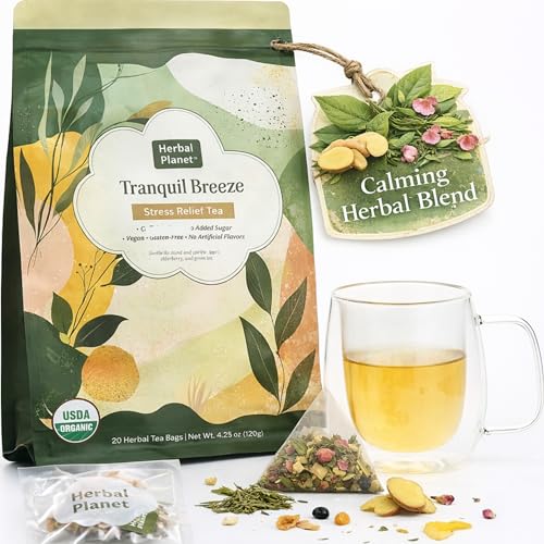 Herbal Planet Stress Relief Tea – Daytime Calm & Relaxation | Smooth, Refreshing Green Tea Blend for Work & Busy Days | 20 Tea Bags (4.23oz / 120g)