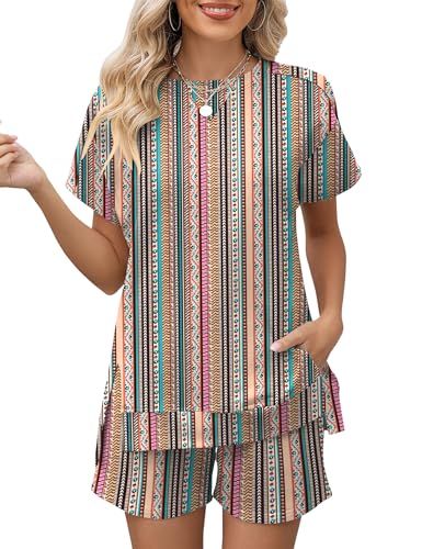 Image of LOMON Womens Fashion 2 Piece Outfits Sweatsuits 2026 Summer Short Sleeve Loungewear Tracksuit Round Neck Lounge Shorts Sets