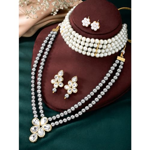 Image of Peora Crystal Faux Pearl Kundan Necklace & Jewellery Set Gift for Women
