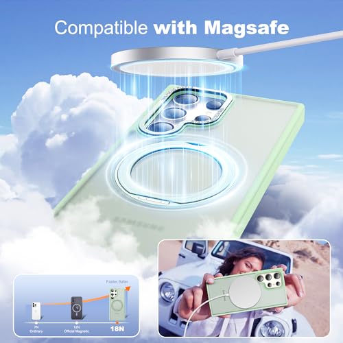Image of Compatible with Samsung Galaxy S24 Ultra Case with 360Rotatable Magnetic Ring Stand Compatible with Mag-Safe Military Protection Matte Translucent Phone Cases for S24 Ultra 6.8 inch,Green