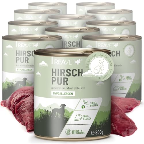 ReaVET Premium Hunde Nassfutter - Hirsch Pur 12 x 800g I Reines Muskelfleisch, Hypoallergen, ohne Getreide & Zusätze, Hundenassfutter sensitiv für Allergiker